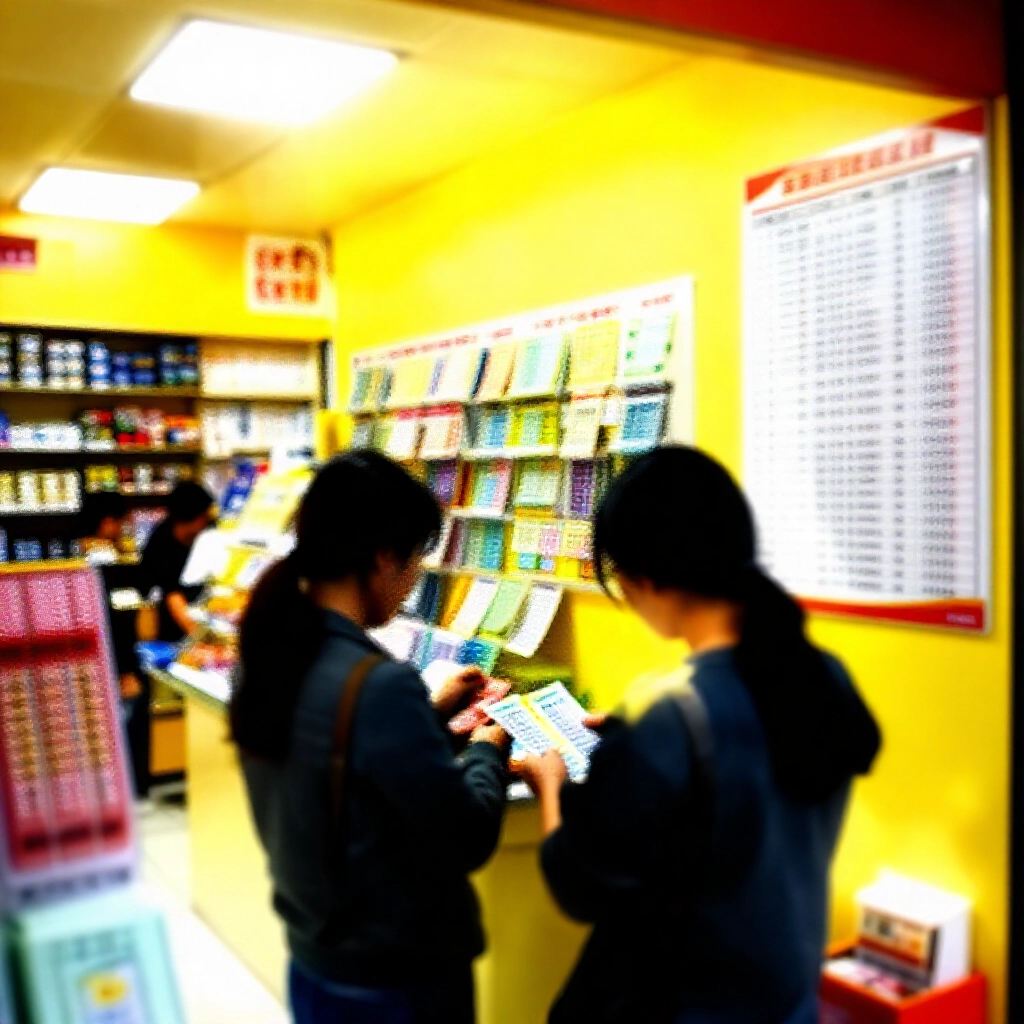 燈光明亮的台灣運彩經銷點內部，顧客查看彩色投注單與牆上規則海報，溫暖黃光營造親切氛圍