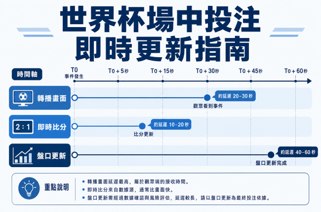 世界杯場中投注即時更新指南封面資訊圖，以三條時間軸呈現轉播畫面、即時比分與盤口更新之間的延遲差異