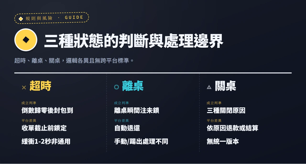 超時離桌關桌三種狀態的成立條件與處理差異對照表