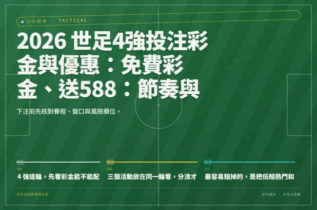 2026 世足4強投注彩金與優惠：免費彩金、送588：節奏與情境角度 資訊圖封面