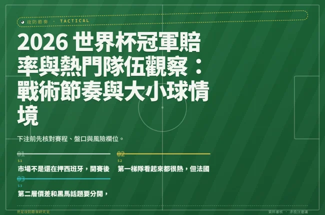 2026 世界杯冠軍賠率與熱門隊伍觀察：戰術節奏與大小球情境 資訊圖封面